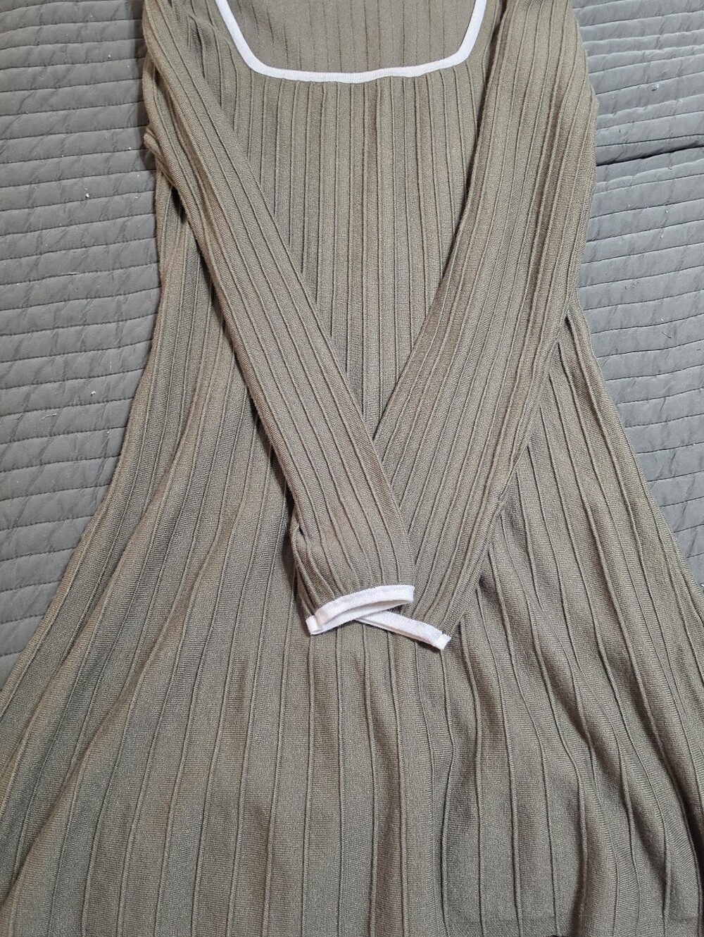 Olive Green Ribbed Knit Long-Sleeve Mini Dress
